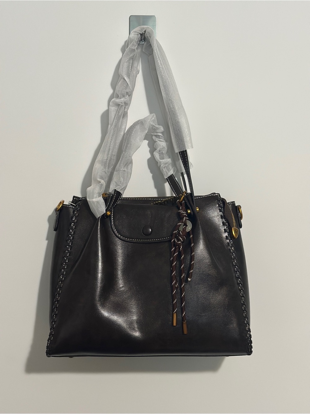 Dark Brown Whipstitch Tote Bag Faux Leather Shoulder‎ Purse